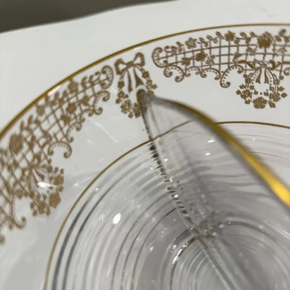 Glass Bowl and 2 Serving Spoons Gold Inlay Floral Divided Serving 3 x 6